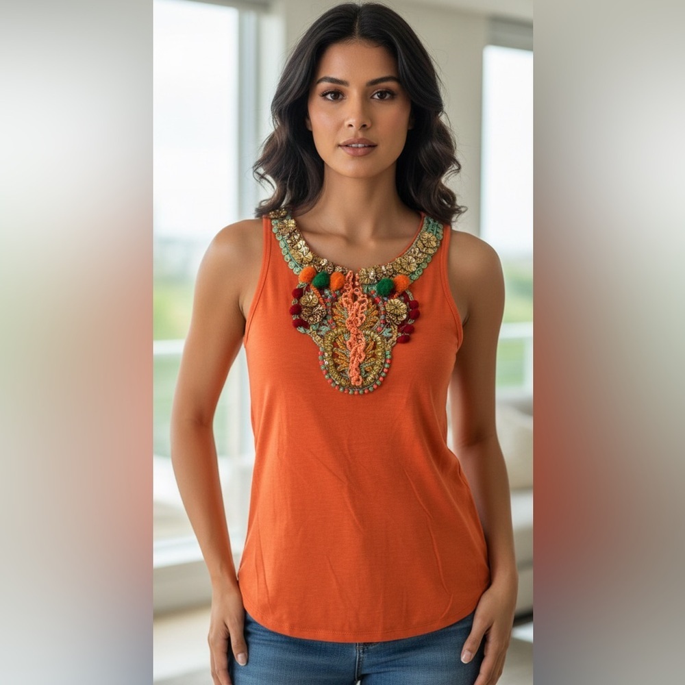 Hemant&Nandita  Embellished Orange Sleeveless Top